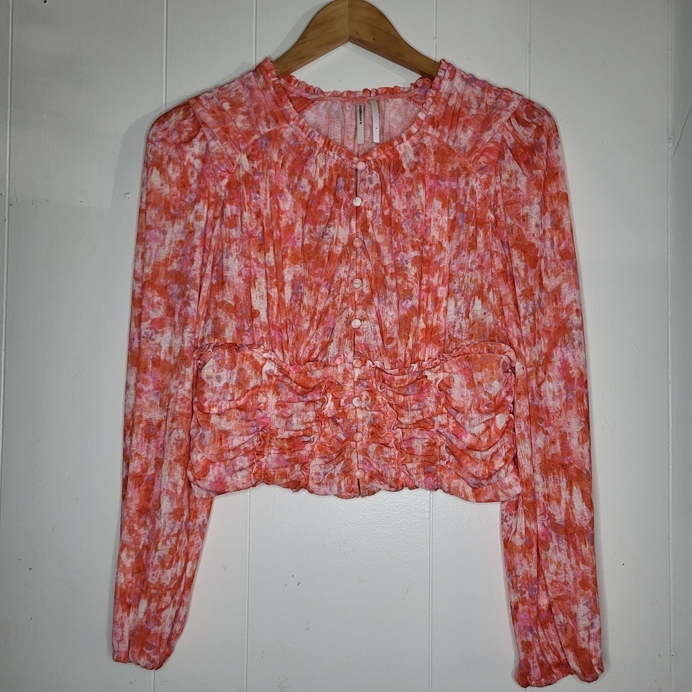 Anthropologie Pink and Orange Abstract Button-Front Blouse